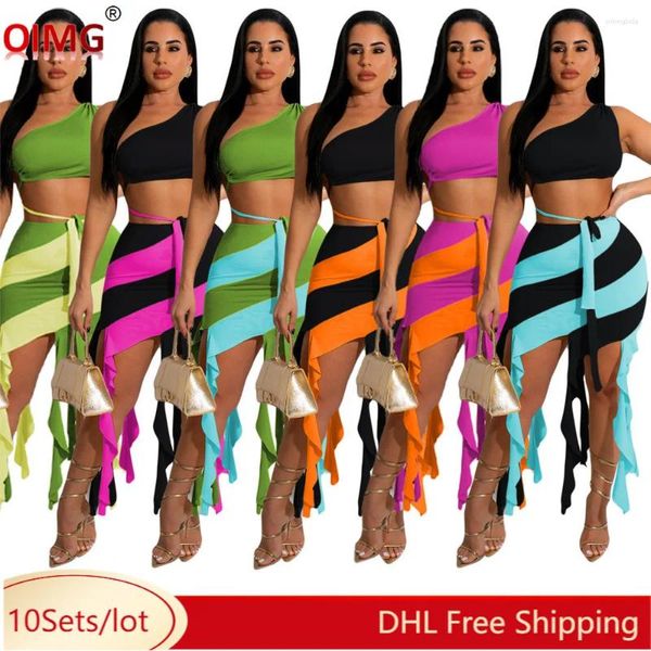 Arbeitskleider 10 Großhandel Rock-Sets Frauen Sommer Sexy Rückenfrei One Shoulder Crop Top Quasten Mini Zweiteiler Straßenkleidung 10073