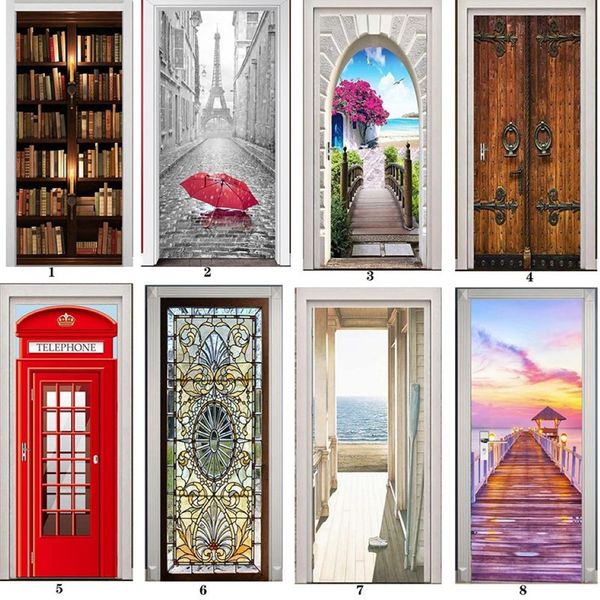 PVC Mural Paper Print Art 3D Bookshelf Tower Sea Door Stickers Decoração de casa Imagem Auto -adesivo Papel de parede à prova d'água para quarto T2656