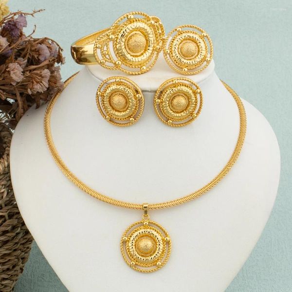 Collana e orecchini set gioielli rotondi africani placcati in oro 18 carati classico di lusso per le donne anello braccialetto etiope gioielli della Nigeria