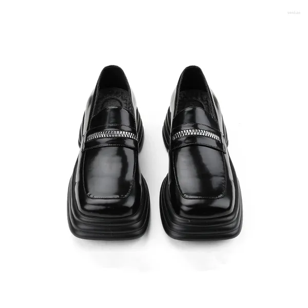 Sapatos casuais brilhando preto masculino na moda dedo do pé quadrado moderno salto grosso oxfords jovem masculino causl escritório