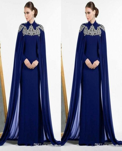 Арабские темно-синие вечерние платья Дубая с накидкой из бисера с высоким воротником и длинным рукавом-русалкой с длинным рукавом Кафтан Марокко Мама Dr8370981