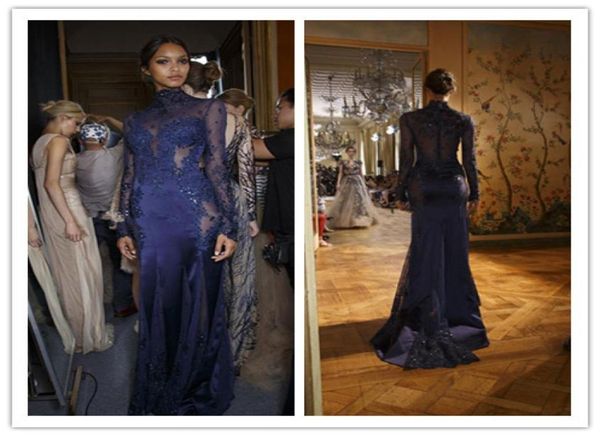 2020 New Zuhair Murad High Neck Lace Formal Vestidos de Noite Manga Comprida Seethrough Beads Apliques Prom Vestidos de Celebridades Personalizado Na3919730