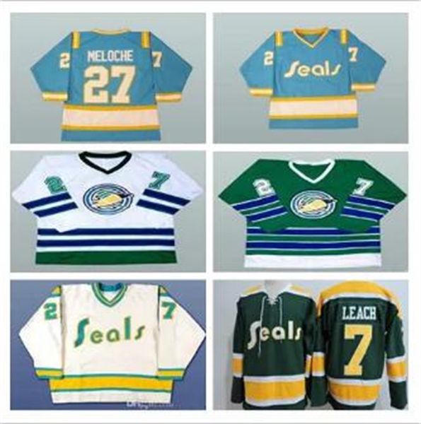 Vintage masculino 1970 CALIFÓRNIA GOLDEN SEALS 27 GILLES MELOCHE 7 REGGIE LEACH Jersey costurado branco azul verde amarelo alternativo S-5XL personalizado qualquer nome