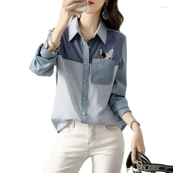 Blusas femininas soltas emenda moda médio longo impressão camisa cowboy primavera outono senhoras jaqueta temperamento denim