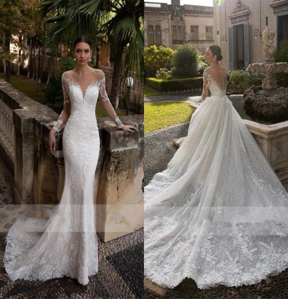 abiti da sposa a sirena di lusso manica lunga spiaggia applique in pizzo perline treno staccabile abiti da sposa vestido de novia9187800