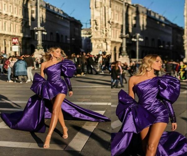 Abiti da ballo corti viola 2021 con strascico staccabile Abiti da sera lunghi con una spalla con abiti da spettacolo con fiocco sfarzoso per ragazze Cock8983721