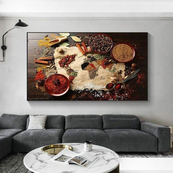 Dipinti Cucina Decorazioni murali Colorf Spezie Cibo Mappa Per Ristorante Home Decor Tela Moderna Poster Art Cuadros Print235S Drop Dhxaw