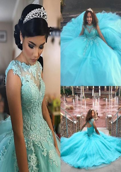 Pretty aqua azul quinceanera vestidos de baile sheer neck applique frisado vestido de baile aberto volta tule doce 16 vestidos vestido5417517