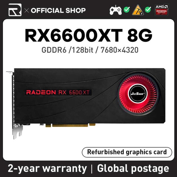 JIESHUO AMD RX 6600XT 8GB 2048SP Placa gráfica para jogos GDDR6 GPU PCI-E 4.0 128 bits RX 6600 XT PC Desktop Video Office 6600XT RX