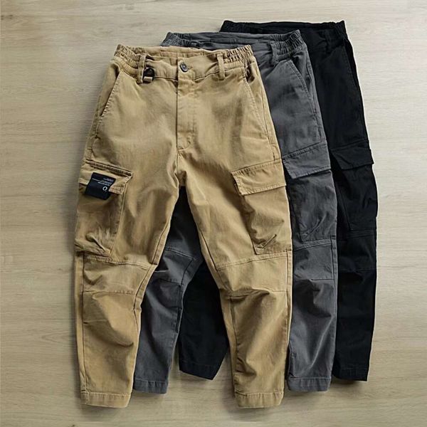 Calças usadas para trabalho, primavera e outono algodão estilo americano roupas de trabalho masculinas resistentes ao desgaste calças de perna reta solta, calças com cinto de bolso grande