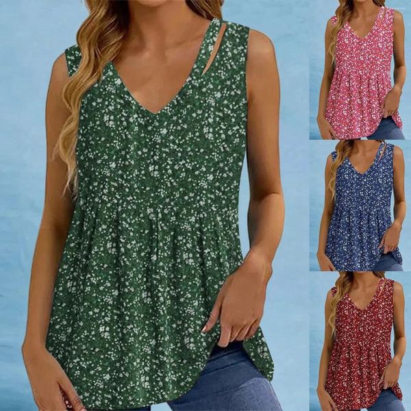 Tanques femininos plus size tank tops com decote em v vintage retro floral impresso colete casual ruched sem mangas camisas soltas ajuste verão