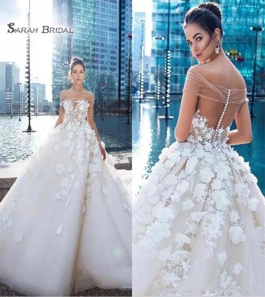 2020 Abiti da sposa vintage A Line con spalle scoperte Buco della serratura Fiori 3D Applicazioni in pizzo Abiti da sposa taglie forti9065896