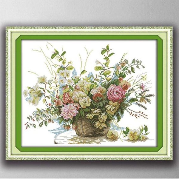 A cesta de flores rosas decoração de casa pinturas artesanais ponto cruz bordado conjuntos de bordados contados impressão em tela dmc 14ct 12313