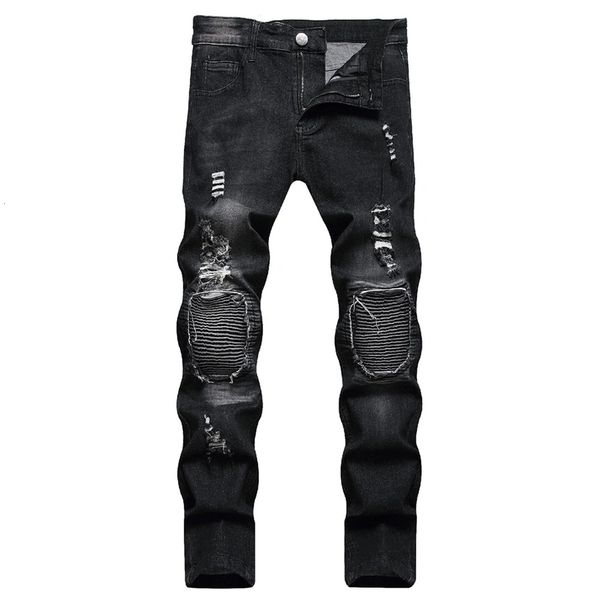 Jeans da motociclista da uomo Jeans eleganti strappati strappati a matita Pantaloni con fori Patch Slim Pantaloni lunghi in denim maschile 240305