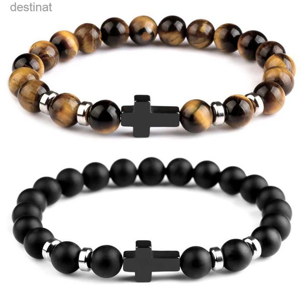 Frisado pedra natural cruz pulseiras hematita aço inoxidável cruz elástica corda mapa lava grânulo pulseira para homens feminino charme jóias l24213