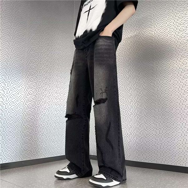 Jeans stile americano effetto consumato, pantaloni lunghi estivi da uomo neri a gamba larga, pantaloni larghi e alla moda di nicchia