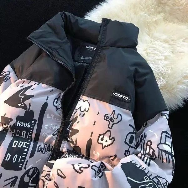 Mulheres Trench Coats Graffiti Algodão Jaqueta Mulheres Inverno Quente Moda Desenhos Animados Impresso High Street Hip-Hop Patchwork Down 2024