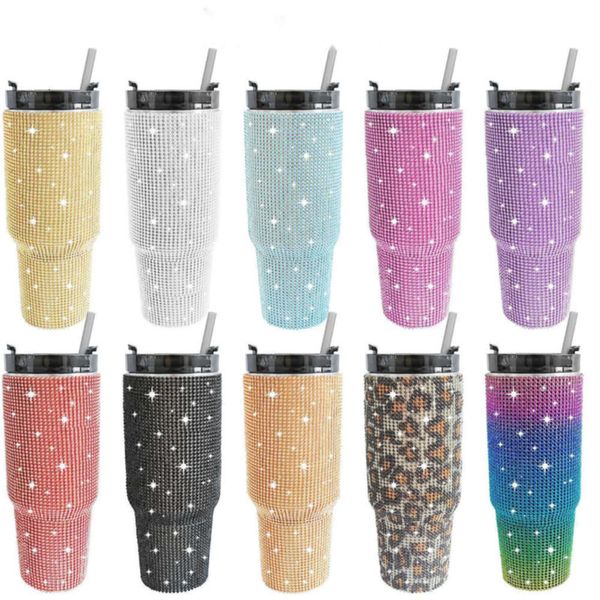 Bicchieri di strass da 20 OZ 30 oz Bicchieri in acciaio inossidabile Tazze da caffè Tazza isolata sotto vuoto con regali di tazza da viaggio per auto con diamanti in paglia