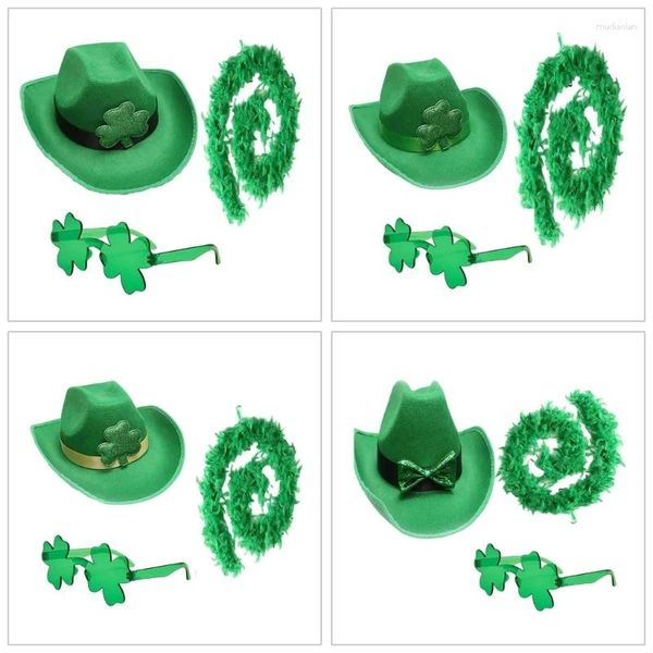 Boinas trevo cowboy chapéu óculos de sol cachecol traje para stpatrick dia feriado headdress irlandês celebração nacional adereços