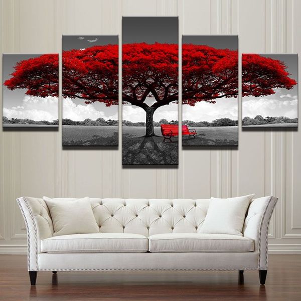 Lona modular hd imprime cartazes decoração de casa arte da parede fotos 5 peças arte da árvore vermelha cenário pinturas de paisagem sem moldura1624