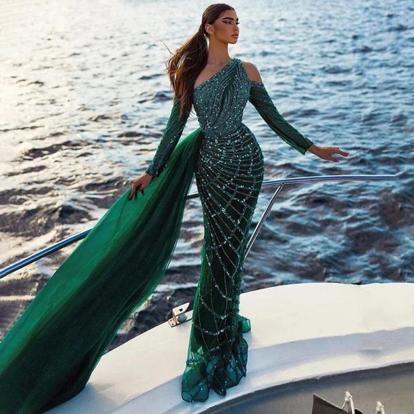 Abiti da festa Sharon Said Abito da sera a sirena monospalla verde smeraldo con gonna oversize maniche lunghe Abiti da sposa Dubai di lusso SS413