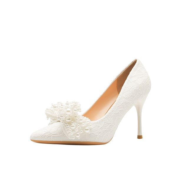 Sandali firmati da donna Tacchi alti in pizzo bianco Bowknot Scarpe con perle Tacchi sottili Suole morbide Tacchi alti Scatola da scarpe Altezza tacco 9 cm Taglia 35-43