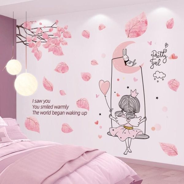 Wandaufkleber Cartoon Mädchen Mond Schaukel DIY Baum Blätter Wandtattoos für Kinderzimmer Kinder Baby Schlafzimmer Küche Home Dekoration221K