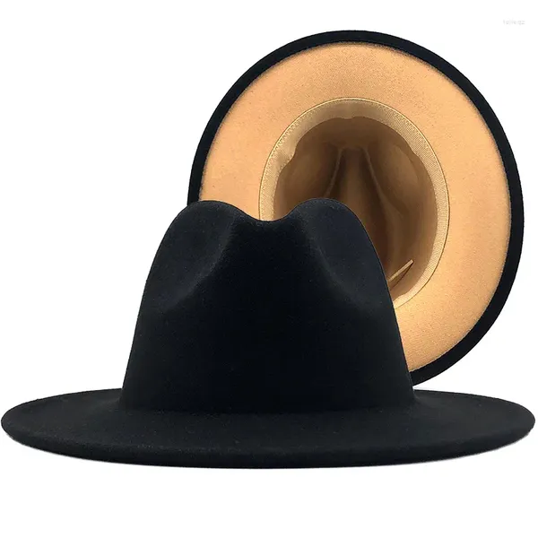 Baskenmützen, außen schwarz, innen hellbrauner Wollfilz, Jazz-Fedora-Hüte mit dünner Gürtelschnalle, für Männer und Frauen, breite Krempe, Panama-Trilby-Kappe