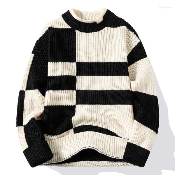 Suéteres Masculinos 2024 Outono E Inverno Xadrez Colorblock Sweater Teen Trend Bottoming Casual