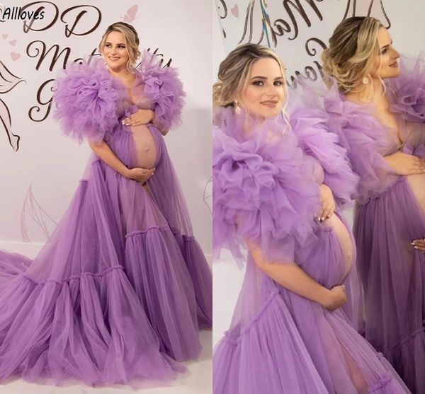 Abiti da sera con maniche soffici con volant viola per le donne incinte Tulle A Line Plus Size Abiti da festa formali di maternità Sweep Train Servizio fotografico Abito lungo da ballo CL3381