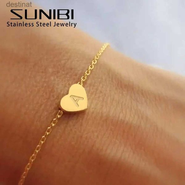 Frisado SUNIBI Coração Inicial 26 Carta Pulseira para Mulher DIY Simples Pulseiras Ajustáveis de Aço Inoxidável Jóias Atacado DropshippingL24213