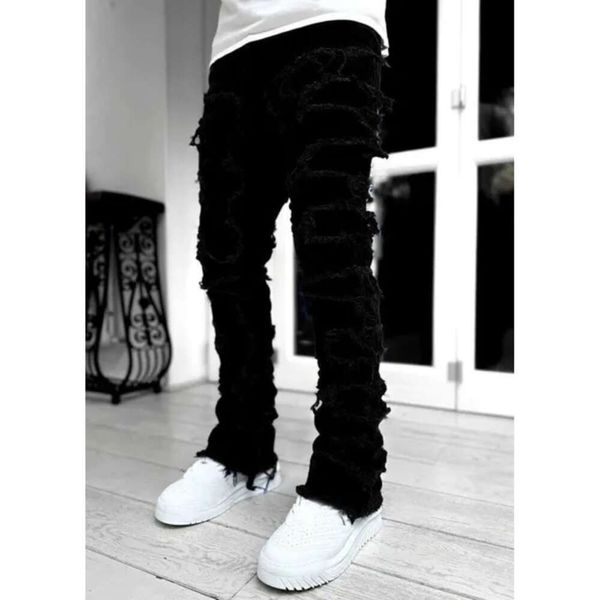 Jeans Skinny Fringe Hip-Hop Edge Elastic Patch Punk Rock Long Tight Fit Stacked Denim Pants Blau Rosa 233