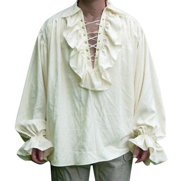 Costume rinascimentale da uomo con volant a maniche lunghe con lacci Medievale Steampunk Camicia da pirata Cosplay Principe Drama Stage Top 240312