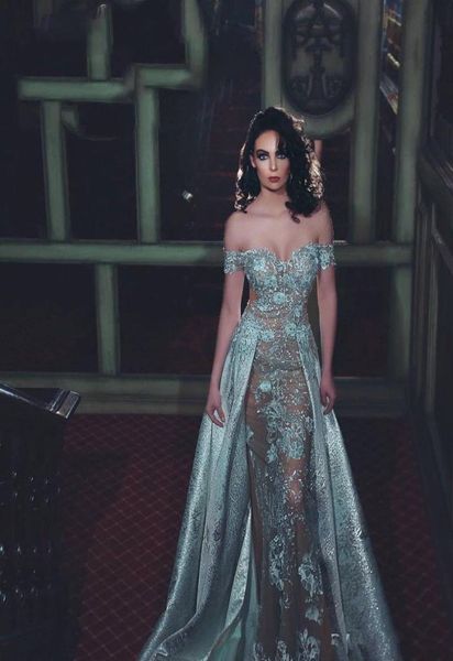 2020 Новые платья Zuhair Murad больших размеров с открытыми плечами длиной до пола, кружевное платье с аппликацией-футляром, вечерние платья с бусинами 37754337503