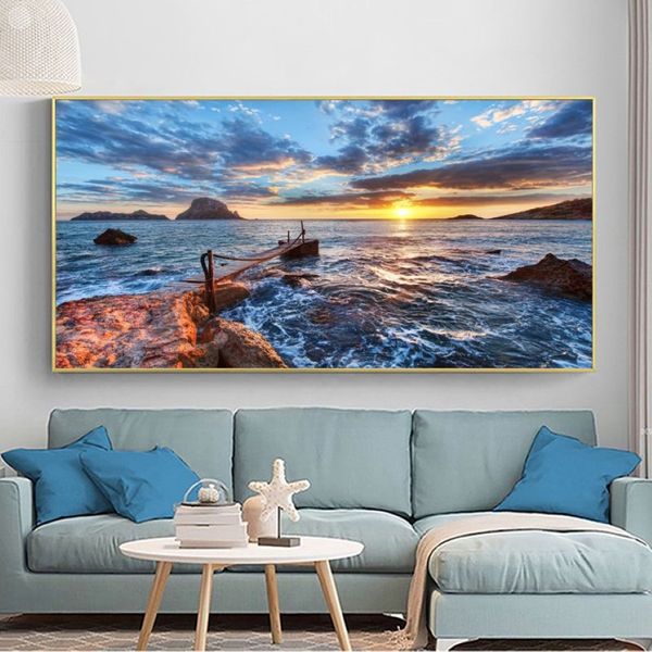 Pôsteres e impressões de ponte de praia do mar, imagens de paisagem, pintura em tela, imagens hd, decoração de casa, arte de parede para sala de estar, pôr do sol306z