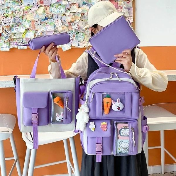 Sacos escolares 4 em 1 peça conjunto kawaii mulheres mochilas à prova d 'água lona mochila para 2024 junior high estudantes menina bookbags