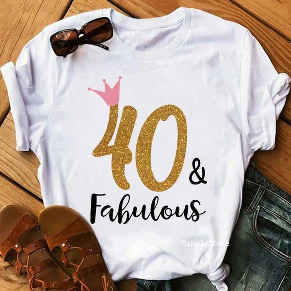 Camiseta feminina coroa rosa 30/40/50/60 fabulosa impressão gráfica camiseta feminina número de roupas personalizado tshirt femme presente de aniversário camiseta l24312