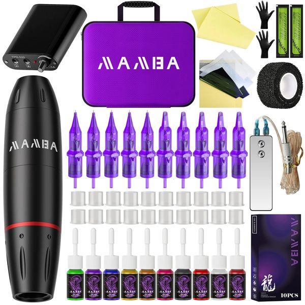 NERO/VIOLA Kit macchina per tatuaggio wireless Macchina per tatuaggio rotativa completa Batteria Cartuccia Aghi Alimentatore Inchiostro per Body Art 240306