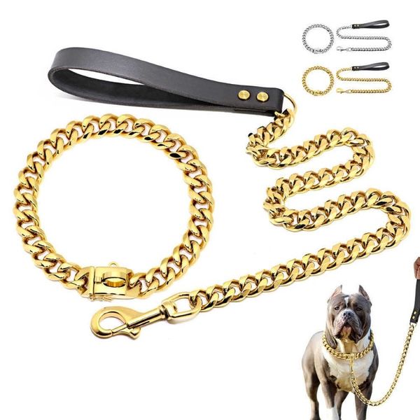 Edelstahl Metall Gold Hundezubehör Kette Halsband Leine Haustier Trainingshalsband für mittelgroße Hunde Pitbull Französische Bulldogge X07314w
