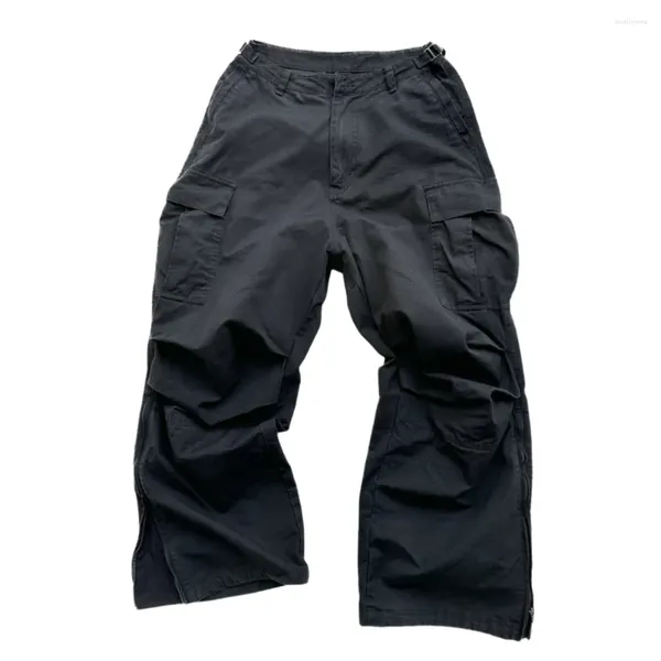 Pantaloni da uomo lavati neri pulled cargo vestibilità ampia ampia cerniera laterale in vita regolabile