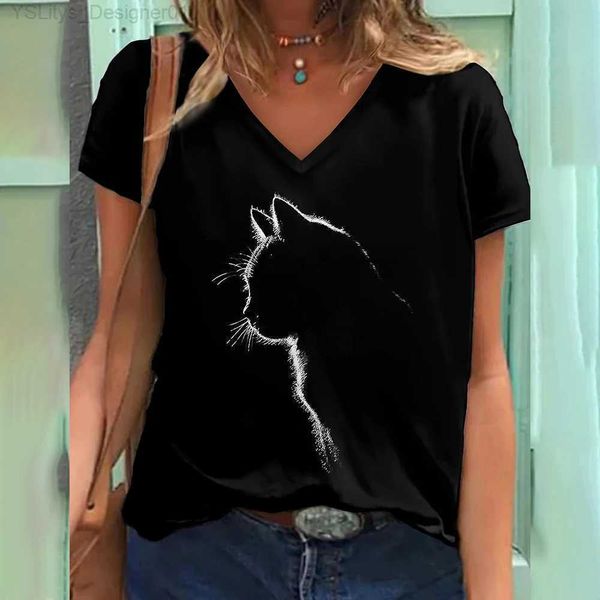 Женская футболка 2022 Новые женские футболки с 3d принтом кота с v-образным вырезом и коротким рукавом, футболка для дам, повседневные топы с животными для девочек, футболки, женская одежда L24312 L24312
