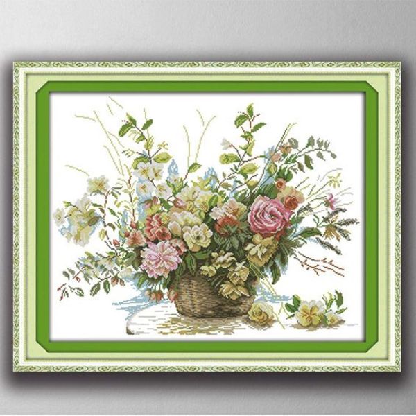 A cesta de flores rosas decoração de casa pinturas artesanais ponto cruz bordado conjuntos de bordados contados impressão em tela dmc 14ct 1254g