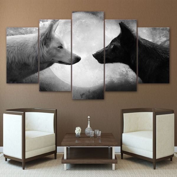 Lobo decoração hd impressão 5 peça arte em tela preto e branco lobos pintura arte da parede fotos para sala de estar sem moldura286u