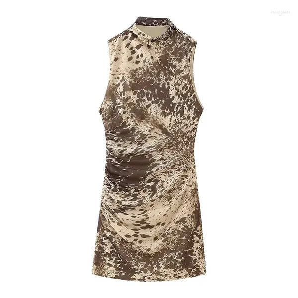 Casual Dresses YENKYE Sexy Frauen Vintage Animal Print Mesh Kleid Ärmellos Hoher Kragen Rüschen Seite Weibliche Mini Vestidos