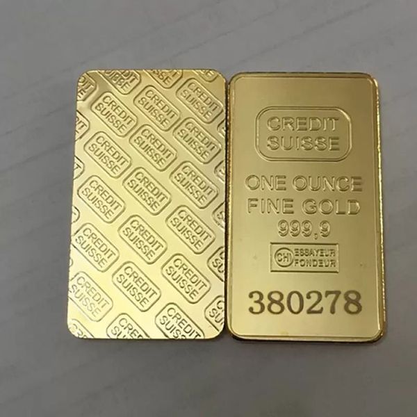 10 peças lingote não magnético CREDIT SUISSE 1oz barra de ouro banhada a ouro moeda de lembrança suíça presente 50 x 28 mm com série diferente lase312z