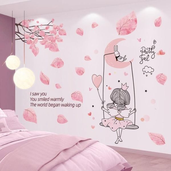 Adesivos de parede dos desenhos animados menina lua balanço diy árvore folhas mural decalques para crianças quartos crianças bebê quarto cozinha casa Decoration186B