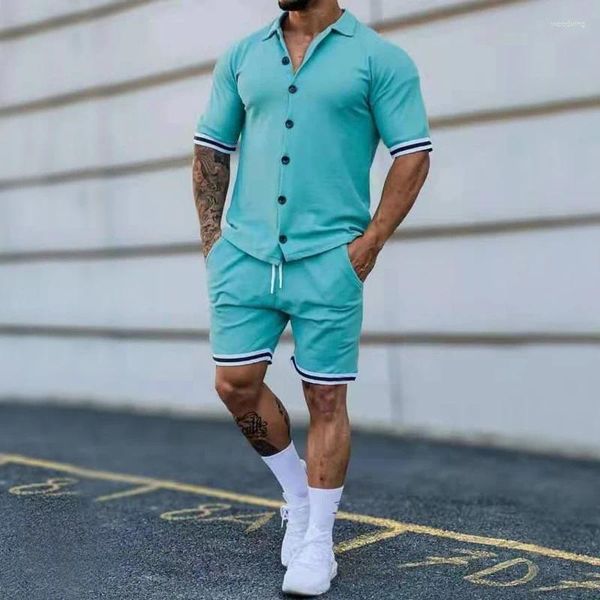 Fatos masculinos primavera e verão explosão moda europa os estados unidos listrado lapela cardigan casual shorts de manga curta terno