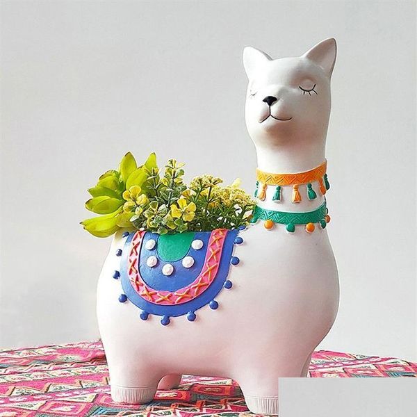 Fioriere Vasi Alpaca Fioriera Resina Lama Vaso da fiori per piante succulente Dipinto a mano Animale Bonsai Giardino domestico Decorazione desktop Dhupb