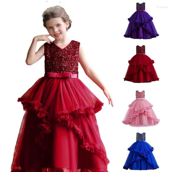 Vestidos de menina elegante vestido de princesa 4-12t casamento roxo tule renda longa festa concurso damas de honra vestido formal para meninas adolescentes