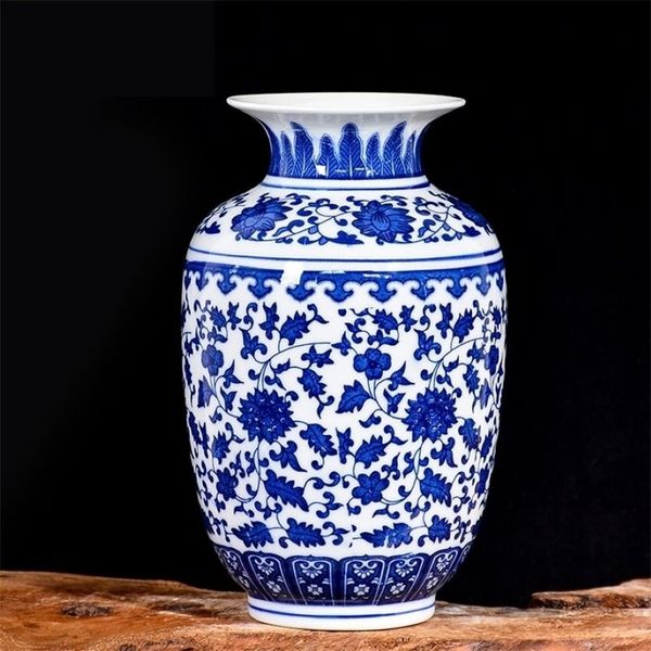 Vaso di porcellana blu e bianco Decorazione soggiorno composizione floreale artigianato decorativo antico Vasi di ceramica di Jingdezhen LJ2012256H